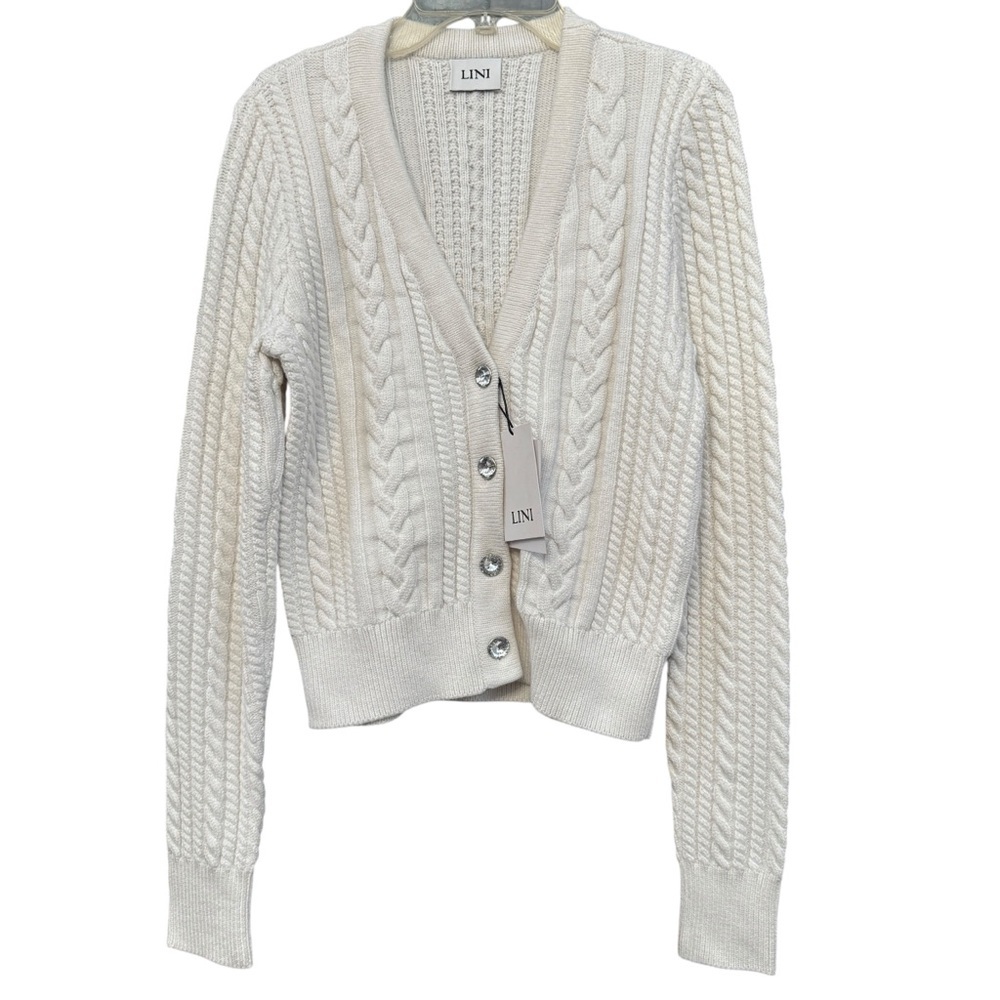 LINI Ivory Cable Knit Cropped Cardigan Crystal Buttons | Women’s S